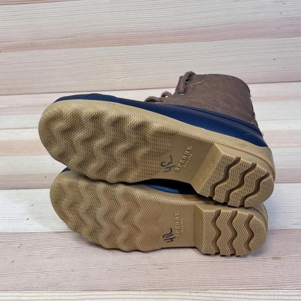 Sperry Boys Kids Port Boots Brown And Navy Sz 1 Youth Waterproof Rain Boots